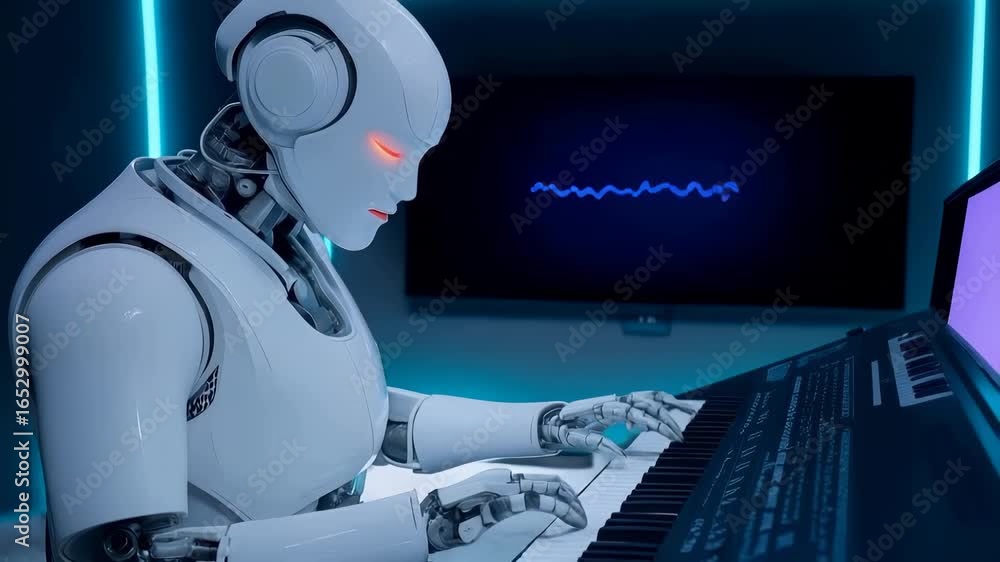 Poster white humanoid robot playing keyboard synthesizer in futuristic studio environment with blue ambient