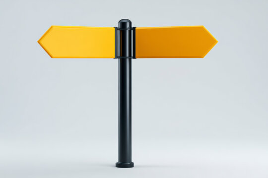 Directional signpost with yellow blank arrow signs pointing opposite directions on a black post.