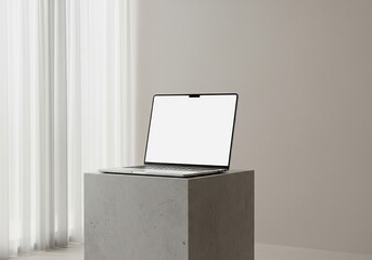 Open laptop with blank screen on smooth concrete pedestal near sheer curtains