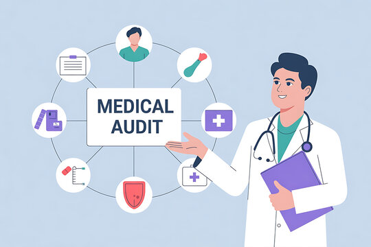 Friendly doctor presenting medical audit data with stethoscope and patient care icons for healthcare compliance and quality assurance