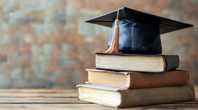 A graduation cap and books on a wooden table. - Powered by Adobe