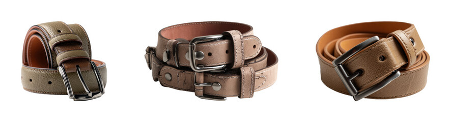 Stylish leather belts fashion store product showcase, isolated on transparent background, png set