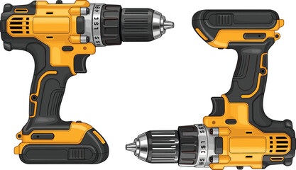 Yellow cordless power drill with keyless chuck, torque ring, and battery pack, shown in two angles for design and instructional use