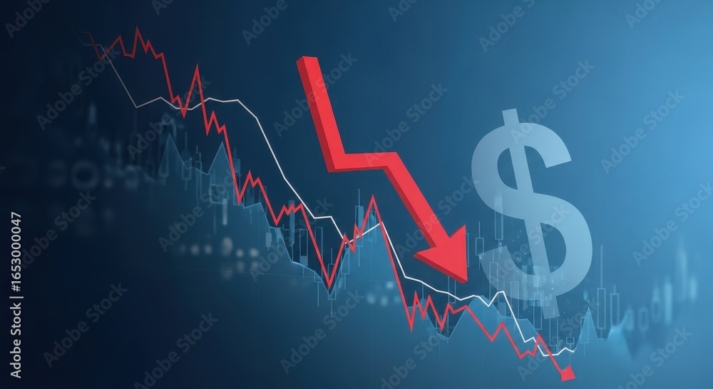 Poster red arrow pointing downward on financial graph. business chart showing market decline. digital stock