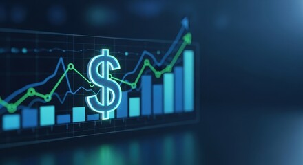 Blue dollar sign with a financial graph showing the rising trend on a dark background. Business growth and investment concept.