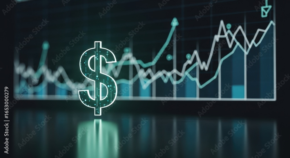 Poster glowing dollar sign with digital elements on a background of an ascending financial graph and charts