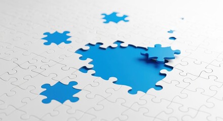 A missing blue jigsaw puzzle piece is the key to a successful business solution, connecting the team to the final challenge