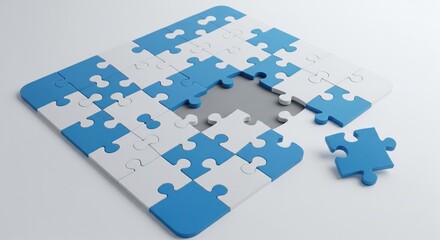 Fototapeta premium The last blue jigsaw piece completes the puzzle, a metaphor for connecting to a successful solution