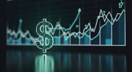 Glowing dollar sign with digital elements on a background of an ascending financial graph and charts. Growth concept.