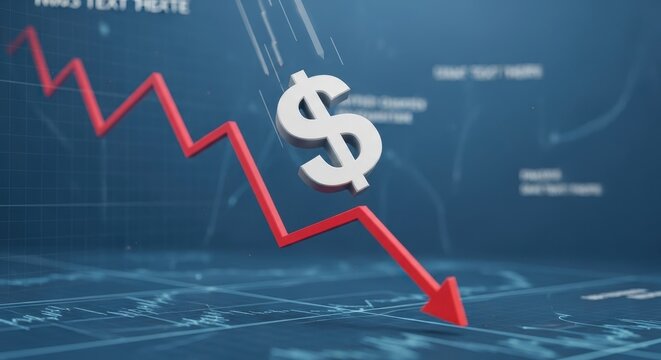 Dollar sign falling on a red financial graph, showing a crisis and decline. Concept of financial loss, economic recession, and market collapse.