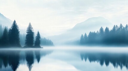 Fototapeta premium Tranquil Mountain Lake Surrounded by Misty Forest Reflections