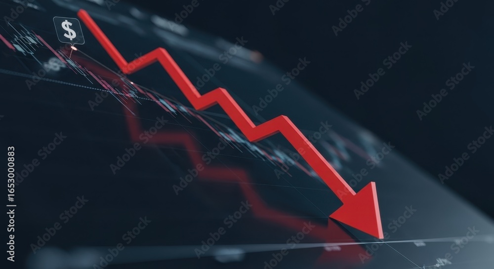 Poster red arrow pointing downward on financial graph. business chart showing market decline. digital stock