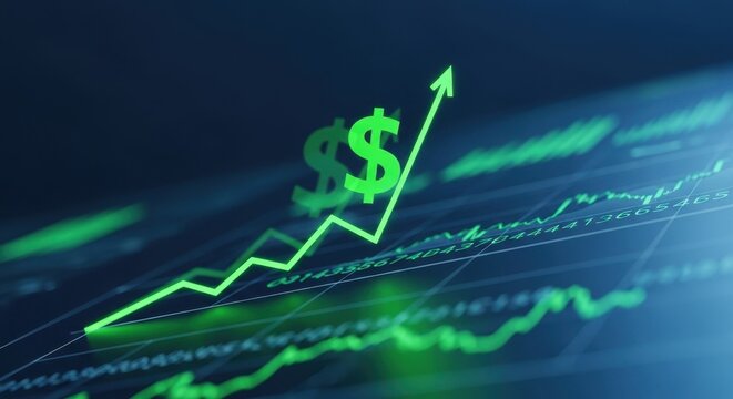 Green arrow pointing upward on financial graph. Business growth chart with rising trend line. Digital stock market data visualization for investment analysis.