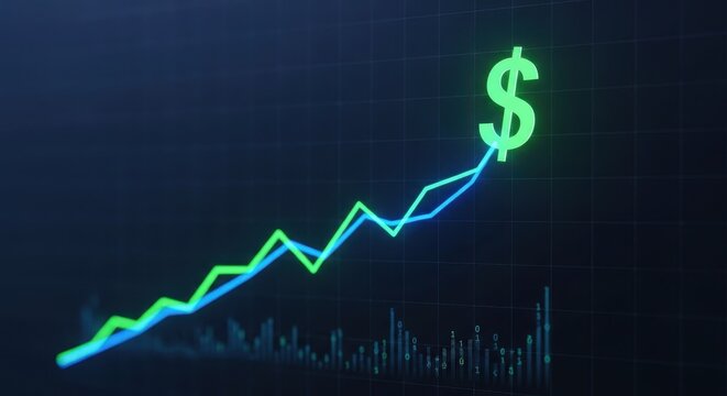 Glowing dollar sign on rising financial graph. Business growth chart with green and blue lines. Digital stock market data visualization for investment analysis.