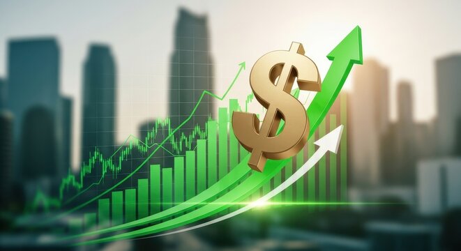 Dollar symbol with green increasing arrow and bar chart on city background. Concept of financial growth, profit, and business success.