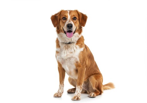 Medium mixed breed dog sitting and looking at the camera isolated on white background