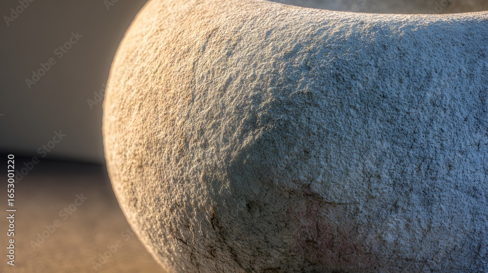 Poster close-up of a textured, light beige, round object, displaying a rough surface and subtle variations 