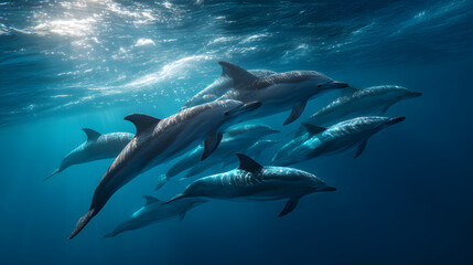Obraz premium Pod of dolphins swimming gracefully in clear blue ocean, realistic underwater photography