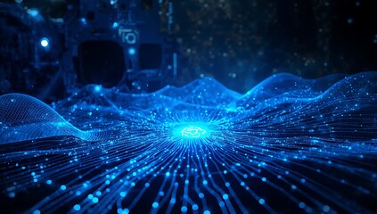 Abstract glowing blue digital network with flowing data streams and futuristic circuitry