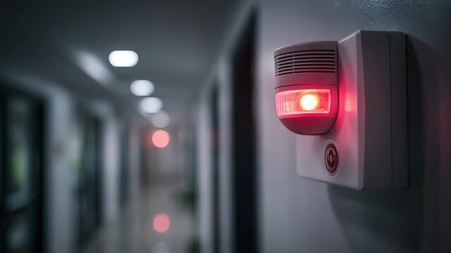 Emergency signal: Red light flashes on the wall, alerting to danger, in a hospital hallway.
