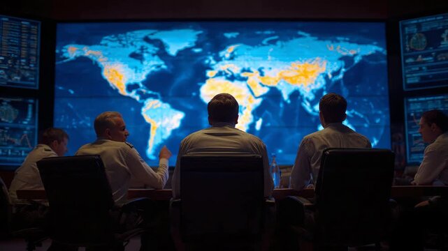 Strategists analyze a global map on a large screen in a control room. Teamwork and high-tech planning for a strategic initiative. Focused collaboration.