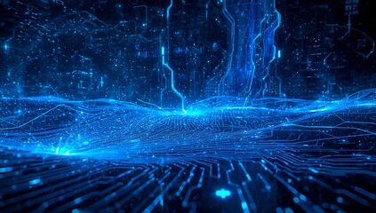 Abstract blue digital circuit board with glowing lines and futuristic technology concept