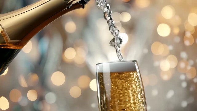 Close-Up Cinematic 8K HDR Video of Sparkling Wine Pouring into Crystal Champagne Flute &ndash; Golden Bottle, Bubbles, and Celebration Atmosphere for New Year&rsquo;s Eve, Luxury Lifestyle, and Premium Stock Foot