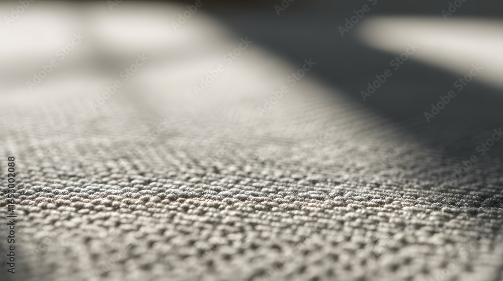 Poster close-up view of a neutral-toned textured carpet, highlighting subtle patterns and sunlit shadows.