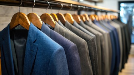Obraz premium A row of suits hanging on wooden hangers in a clothing store.