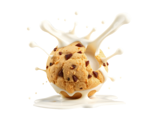 Cookie dunked in milk with splash and chocolate chips