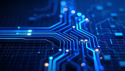 Abstract glowing blue circuit board pathways with bright light points representing technology and data flow