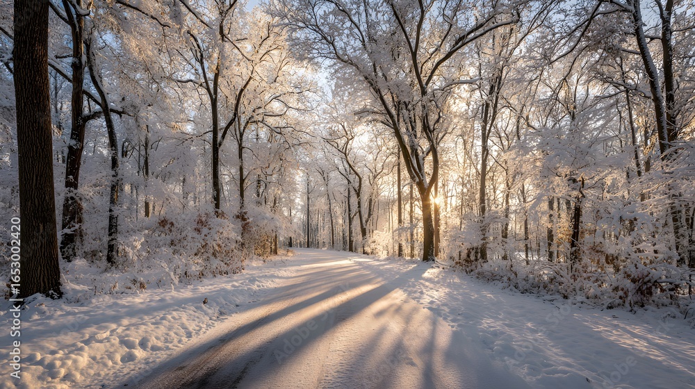 Poster sunlight streams through a snowy forest path, casting long shadows on the pristine white landscape.