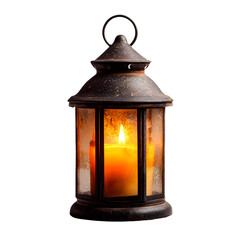 Antique metal lantern with glowing candle inside isolated on transparent background