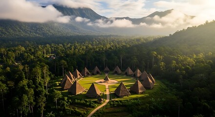 Fototapeta premium Traditional Village Nestled Amidst Lush Green Mountains and Foggy Peaks.