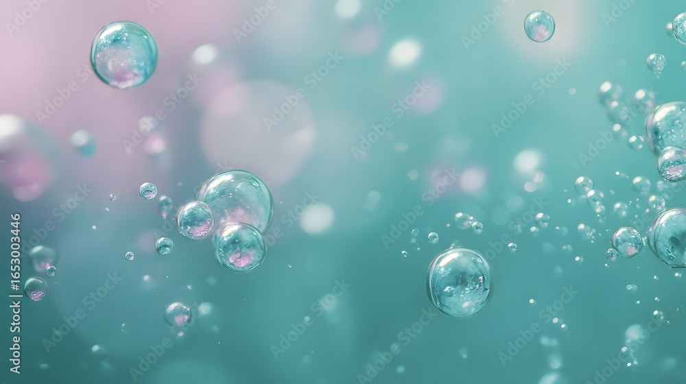 Poster delicate, shimmering bubbles float in a soft teal and rose-toned background, creating a serene and e