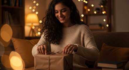 Woman unwrapping a gift in a warmly lit room with decorative lights.