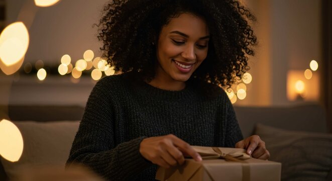 Smiling woman unwrapping a gift indoors with blurred lights in the background.