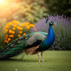 Obraz premium Regal Peacock Portrait in Blooming Garden 