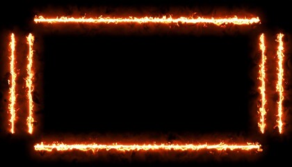 A fiery, orange frame with intricate flames encircles a completely black background.