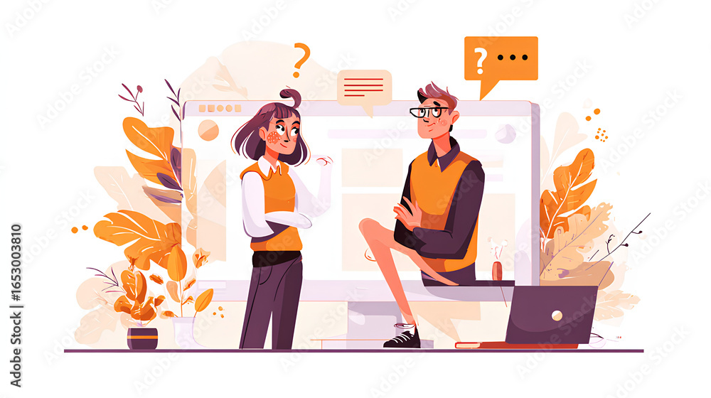 Poster conversation of a client with an ai assistant. question to the chatbot. flat design illustration. ch