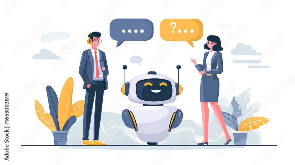 Poster conversation of a client with an ai assistant. question to the chatbot. flat design illustration. ch