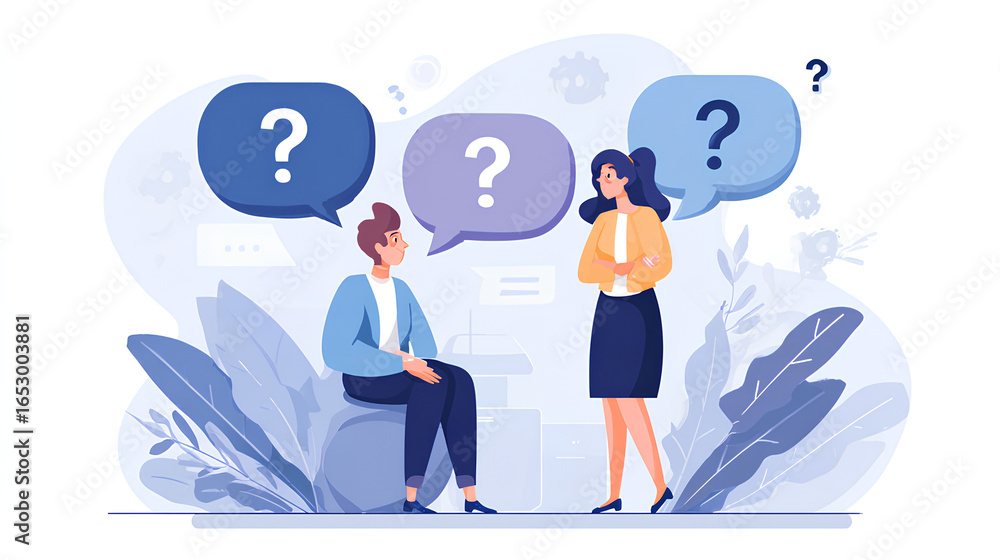 Poster conversation of a client with an ai assistant. question to the chatbot. flat design illustration. ch