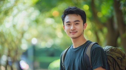 A young man with a backpack standing in a park with trees in the background.