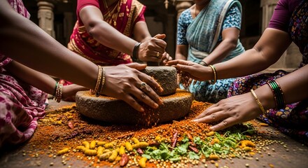 Hands Grinding Traditional Indian Spices on Stone