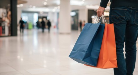 Naklejka premium Person holding shopping bags in a brightly lit indoor shopping mall.