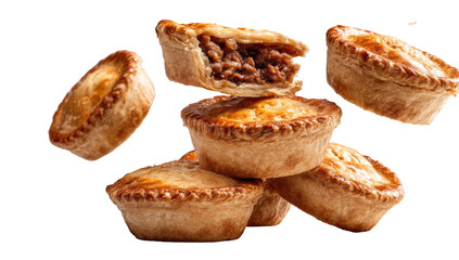 Mini meat pies, golden crust, stacked and airborne