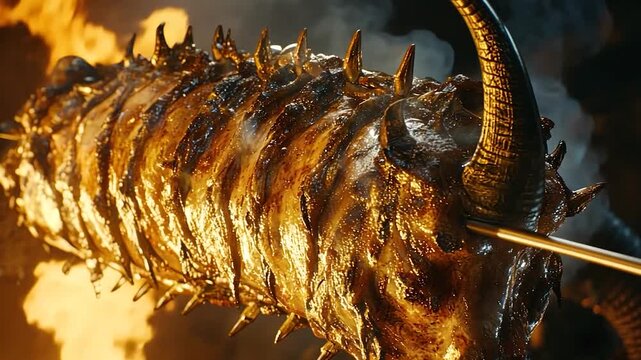 Roasted whole animal, likely a pig or beef, on a spit over flames