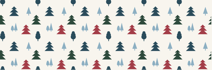 Obraz premium Festive scandinavian retro pattern with Christmas trees. Geometric seamless New Year background. Simple vector winter holiday design for wrapping paper, banners and flyers.