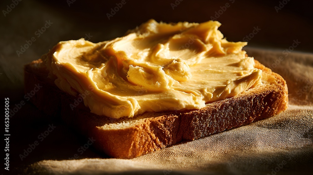 Poster close-up of a slice of toast topped with a generous spread of light-yellow butter, showcasing the so