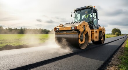 Powerful Steamroller Compacting Hot Asphalt, Steam Rising on a Sunlit Rural Road